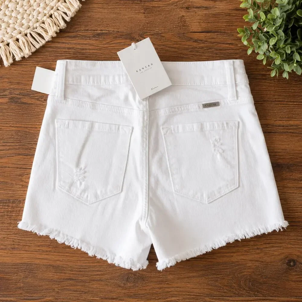 Kancan Women’s White Distressed Denim Shorts High Rise Frayed Hem NWT